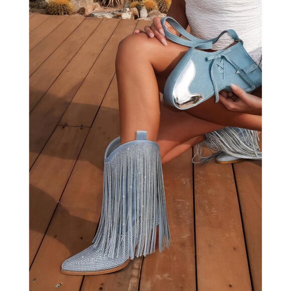 ⚡Women's Denim Ankle Boots Western Rhinestone Sparkly Fringe Chunky Heel - Picture 3 of 7